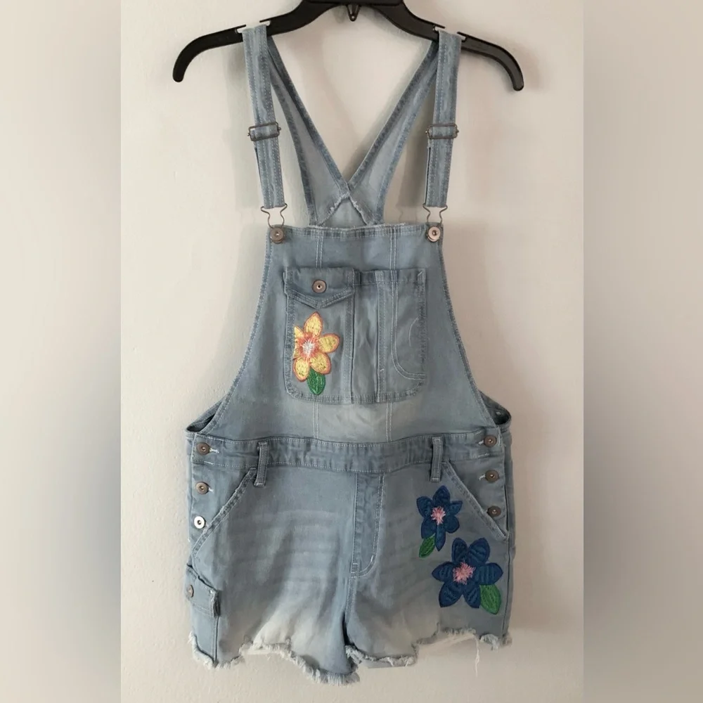 Floral Embroidered Denim Short Overalls